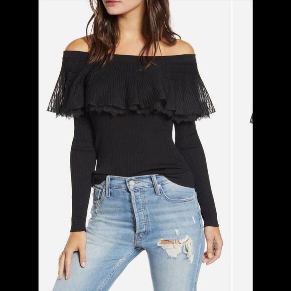 ENGLISH FACTORY Lightweight OFF-THE-SHOULDER Mesh/Lace Pink Sweater Size S - Picture 8 of 9